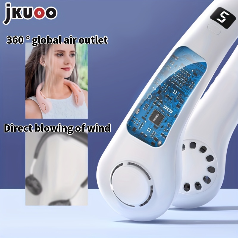 jkuoo portable neck fan with 5 speed   usb rechargeable   silicone handle indoor outdoor use plastic material button control built in lithium battery essential cooling device for home   sports details 9