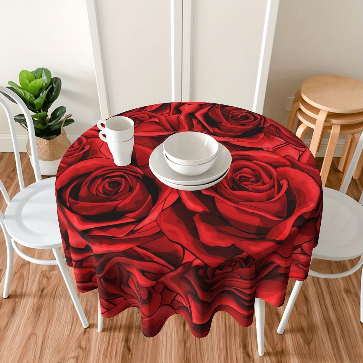 

Vibrant Red Rose Round Tablecloth - Handcrafted, Stain-resistant Polyester For Elegant Dining Decor Floral Tablecloth Oval Tablecloths For Dining Table