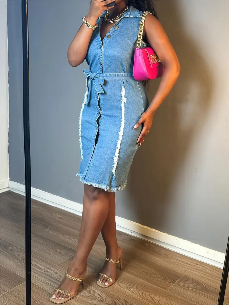 Women'S Sleeveless Denim Sheath *-Length Dress * Style, V-Neck And Front Buttons Open And Close * Edges Dress Women'S Sleeveless Denim Sheath *-Length Dress * Style, V-Neck And Front Buttons Open And Close * Edges Dress