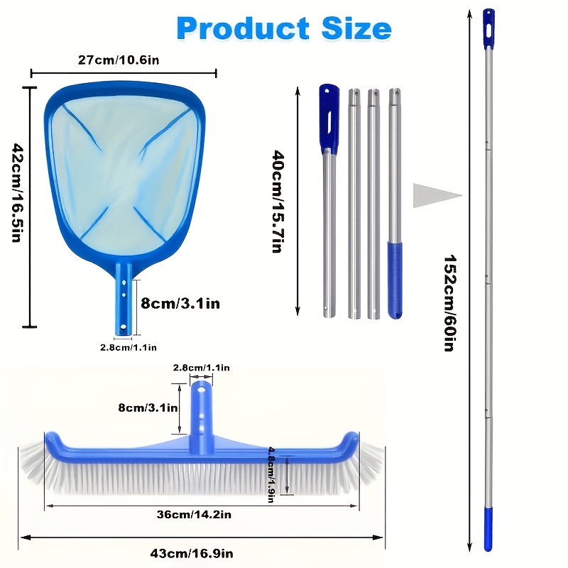 Pool Skimmer Net Kit, Adjustable 4 Connecting 60 Inch Aluminium Pole, Pond Nets For Cleaning, Fine Mesh Leaf Skimmer Net For Garden Pond Hot Tub Net, Blue With Pool High Quality Brush