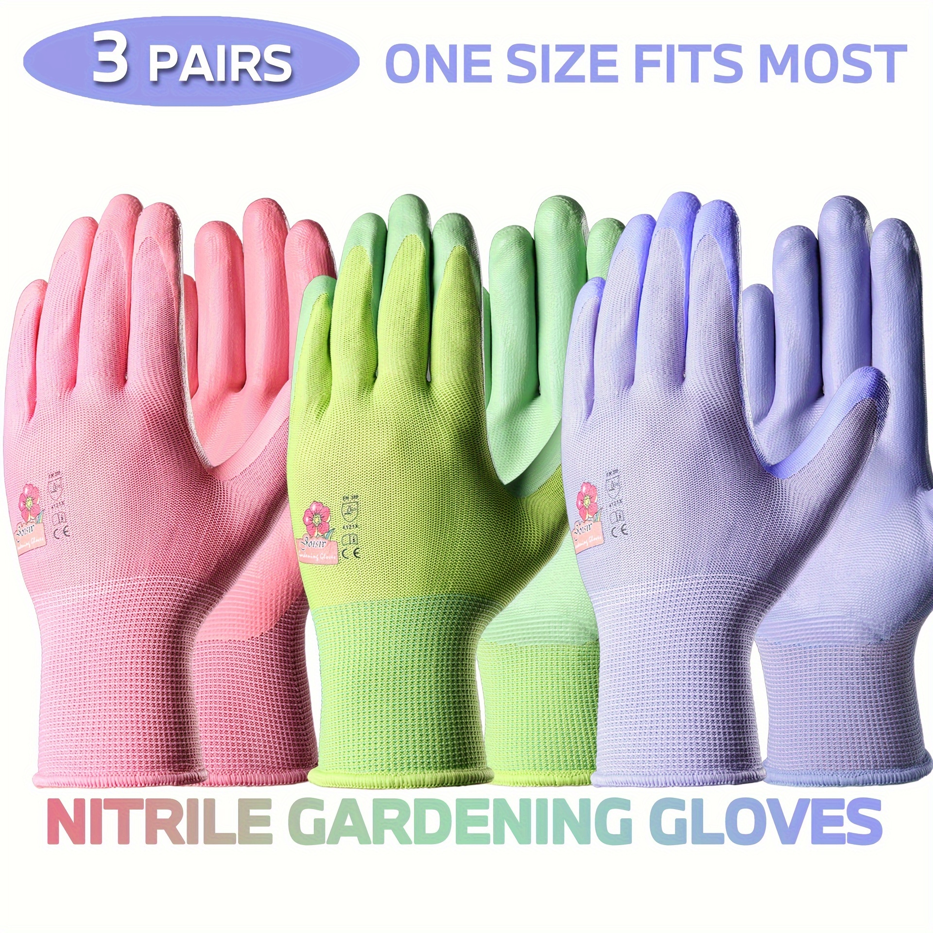 

3 Pair, 3 Color, Women's Colorful Garden Gardening Nitrile Foam Gloves, Garden Gloves For Digging, Planting, Weeding, Seeding, Protect Nails And Fingers, Fingerless Gloves For Men Women