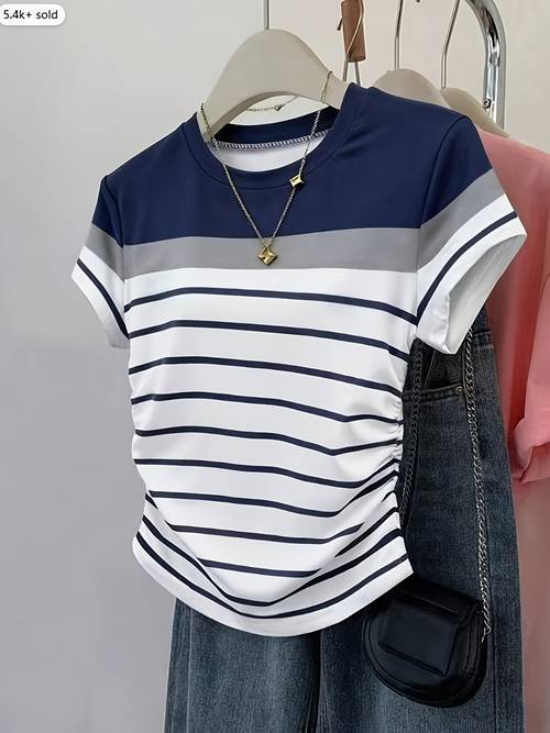 t-shirt de verão e elegante para mulher, estilo direcionado, com cintura ajustável, listras multicoloridas e bloco de cores,