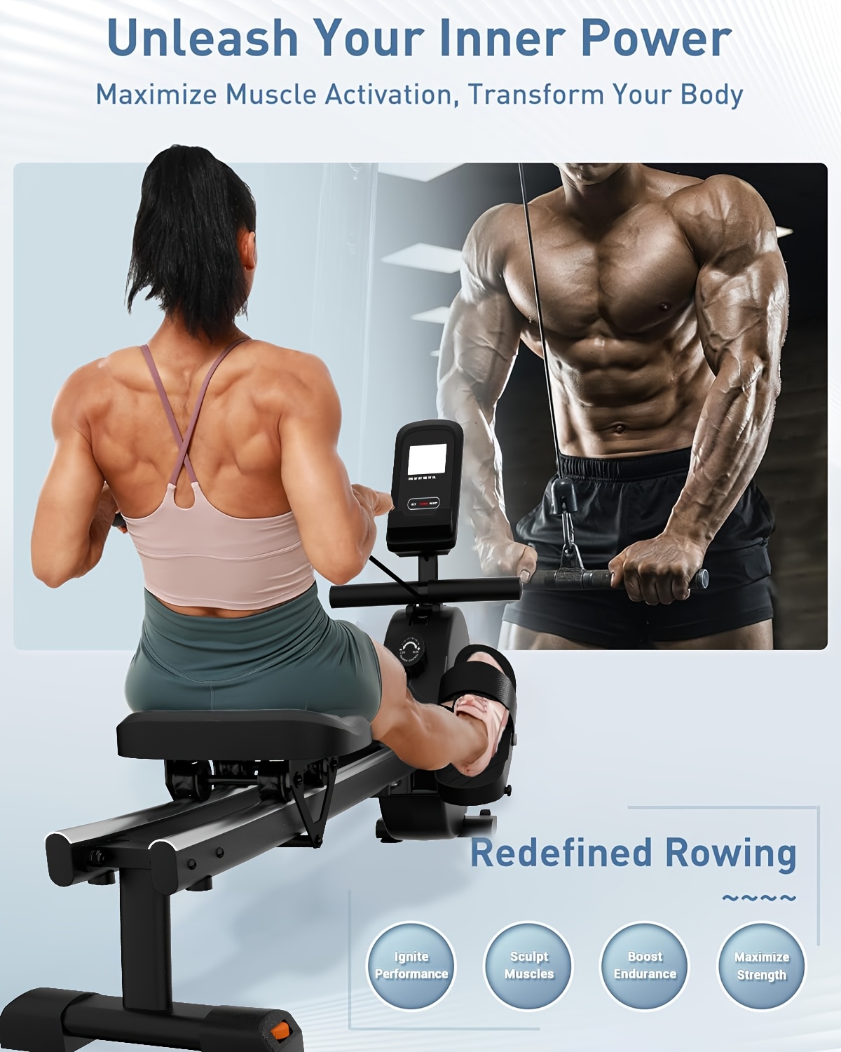 [Hartwares Magnetic Rower] Hartwares 66Lbs Magnetic Rowing Machine - 16 Levels Quiet Resistance, 350Lb Capacity, Body Shaping Machine for Home