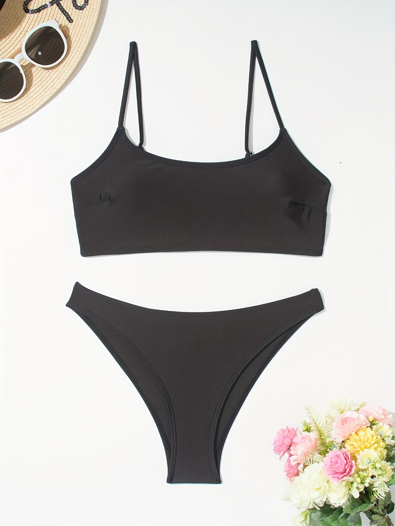 New Bikini Set, Solid Color, High Stretch Fabric, Sleeveless, Spaghetti Strap, Conventional Bottom, No Belt, for Swimming