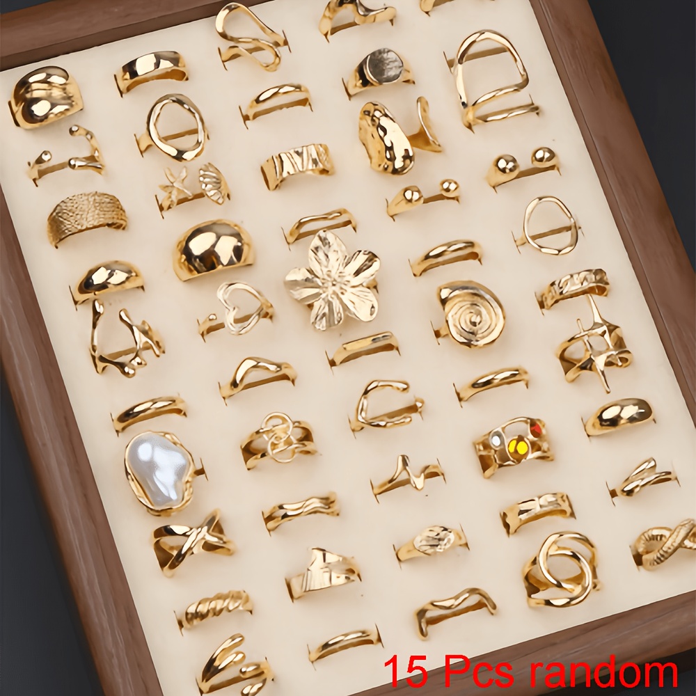 TEMU 15pcs Flower Conch Shell Women's Ring Set, Elegant And Luxurious Mixed Styles, Adjustable Open Rings For Parties, Weddings, And Daily Wear,