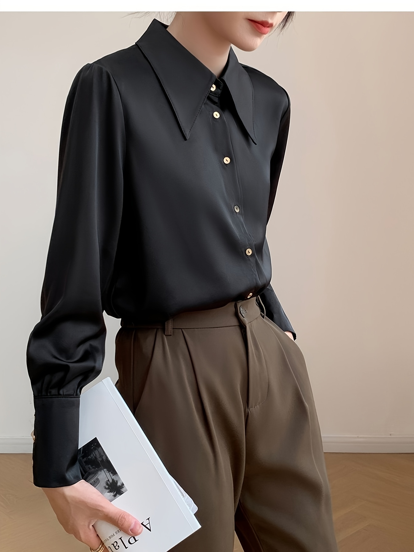 camisa negra elegante mujer cuello botones dorados blusa Temu