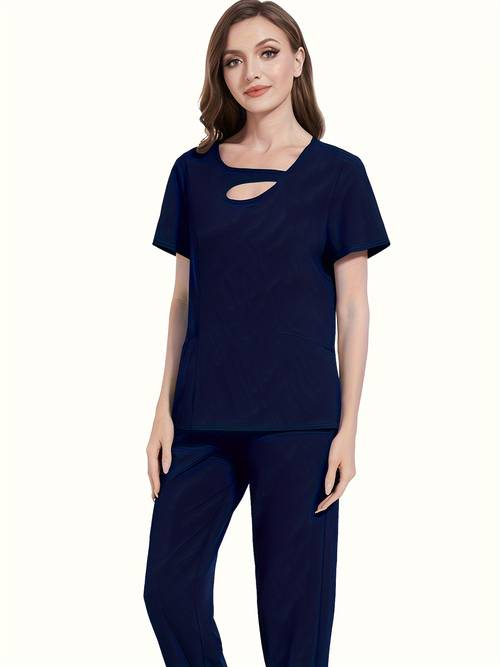 womens comfortable stylish scrub set short sleeve round neck with pockets solid color