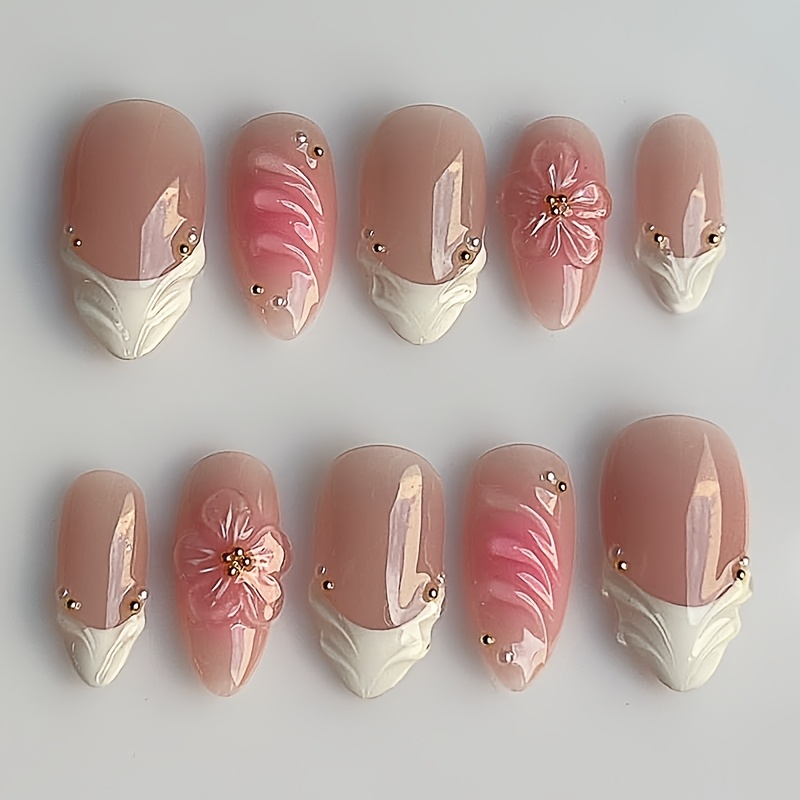 E-shop 3D Blumen Aufdrückbare Nägel Mandel Acryl Nagel Medium Weiße Spitzen Design Frühlings Fake Nagel Wiederverwendbar Oberfläche Glänzend 3D Linie