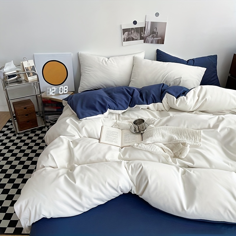 Image of 3pcs Minimalist Solid Color Dual-tone Duvet Cover Set, White/blue/gray - Includes 1 Duvet Cover And 2 Pillowcases