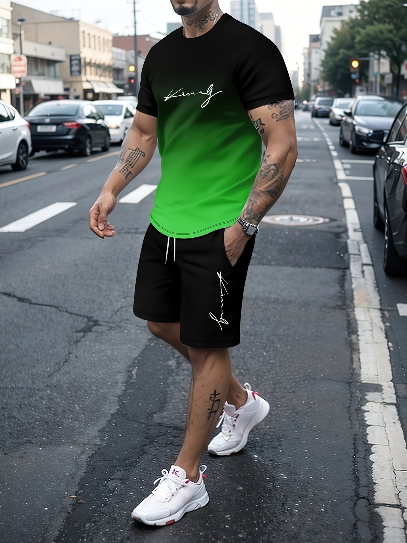 2pcs sportswear mens gradient graphic t shirt active slightly stretch breathable shorts for outdoor details 10