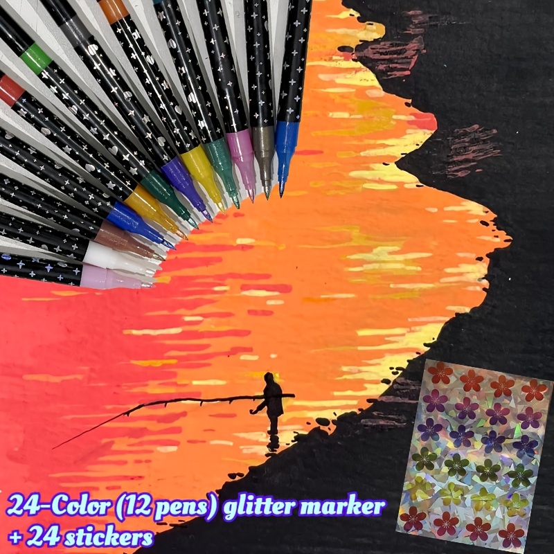 TEMU 24- Dual-tip Glitter Pen Set (includes 24 Colors (12pcs) Pens And 24pcs Small Flower Stickers), Glitter Markers, Quick-drying Adhesive Ink - Tip