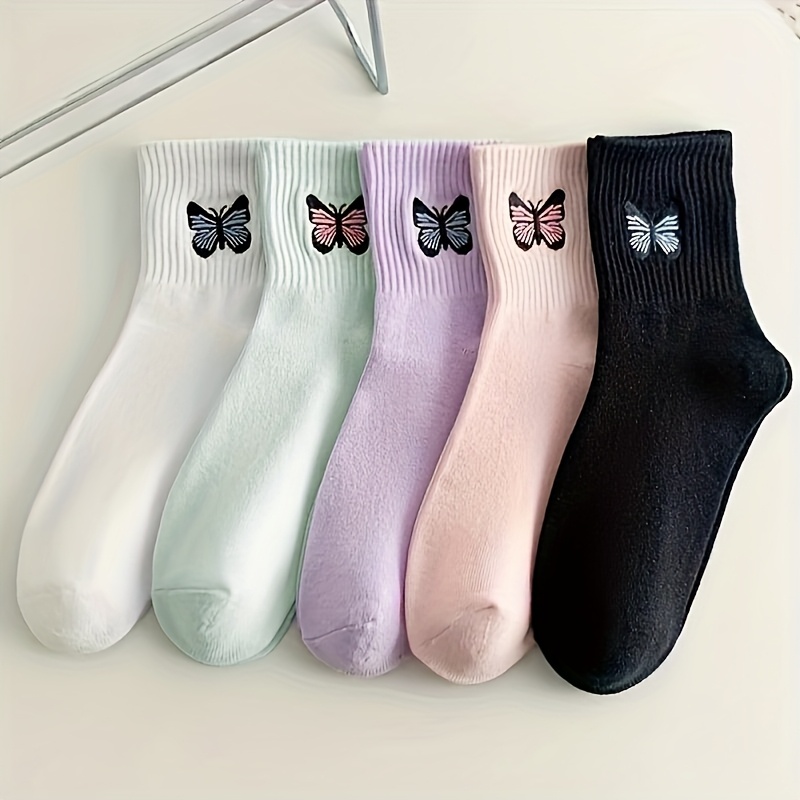 5-pack Women's Spring/autumn Mid-calf Socks With Cute Cartoon Embroidery And Bow, Versatile College Style Socks