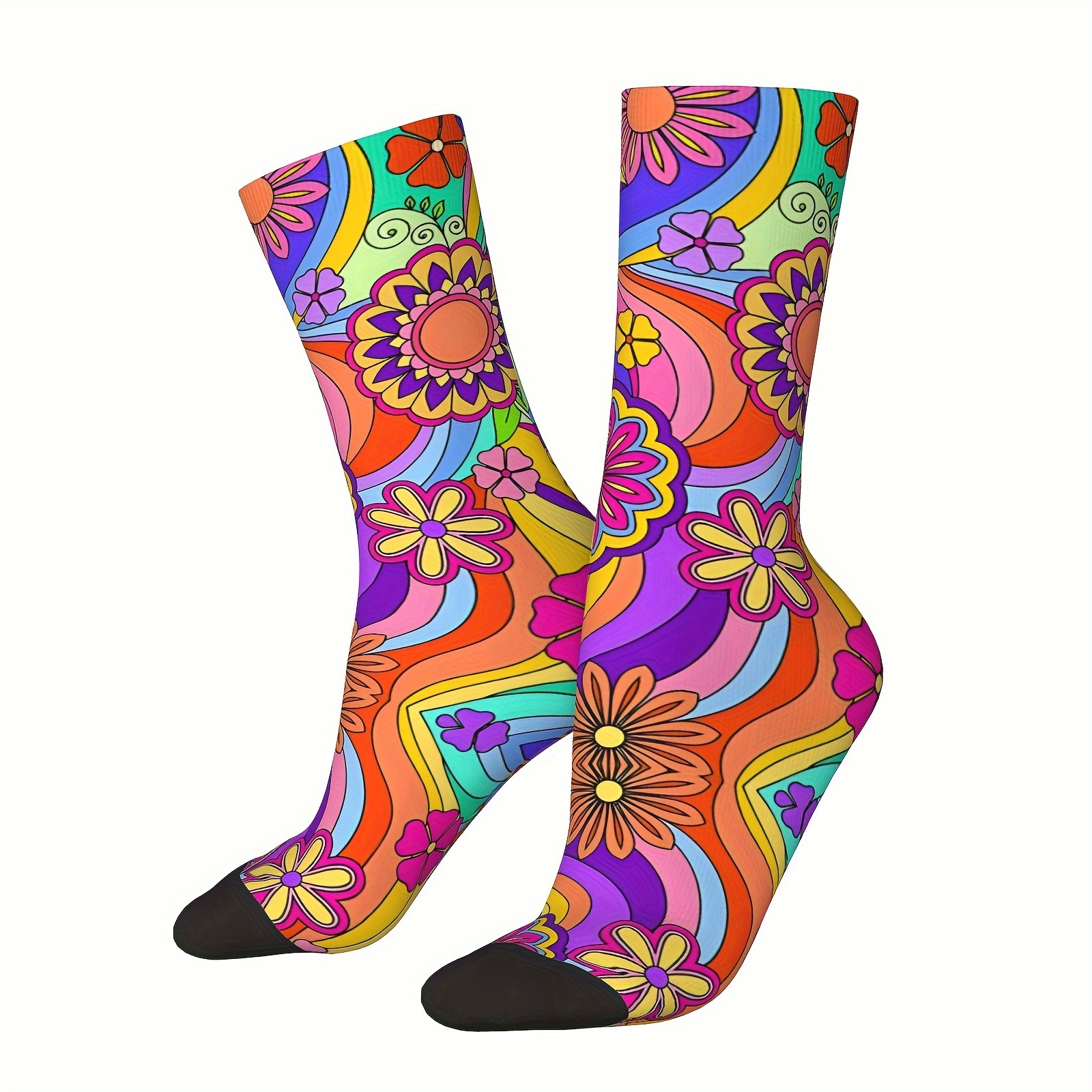 

1 Pair Of Unisex Harajuku & Vintage Style Novelty Colored Flower Pattern Crew Socks, Trendy Graffiti Men Women Socks, Crazy Funny Socks For Gifts