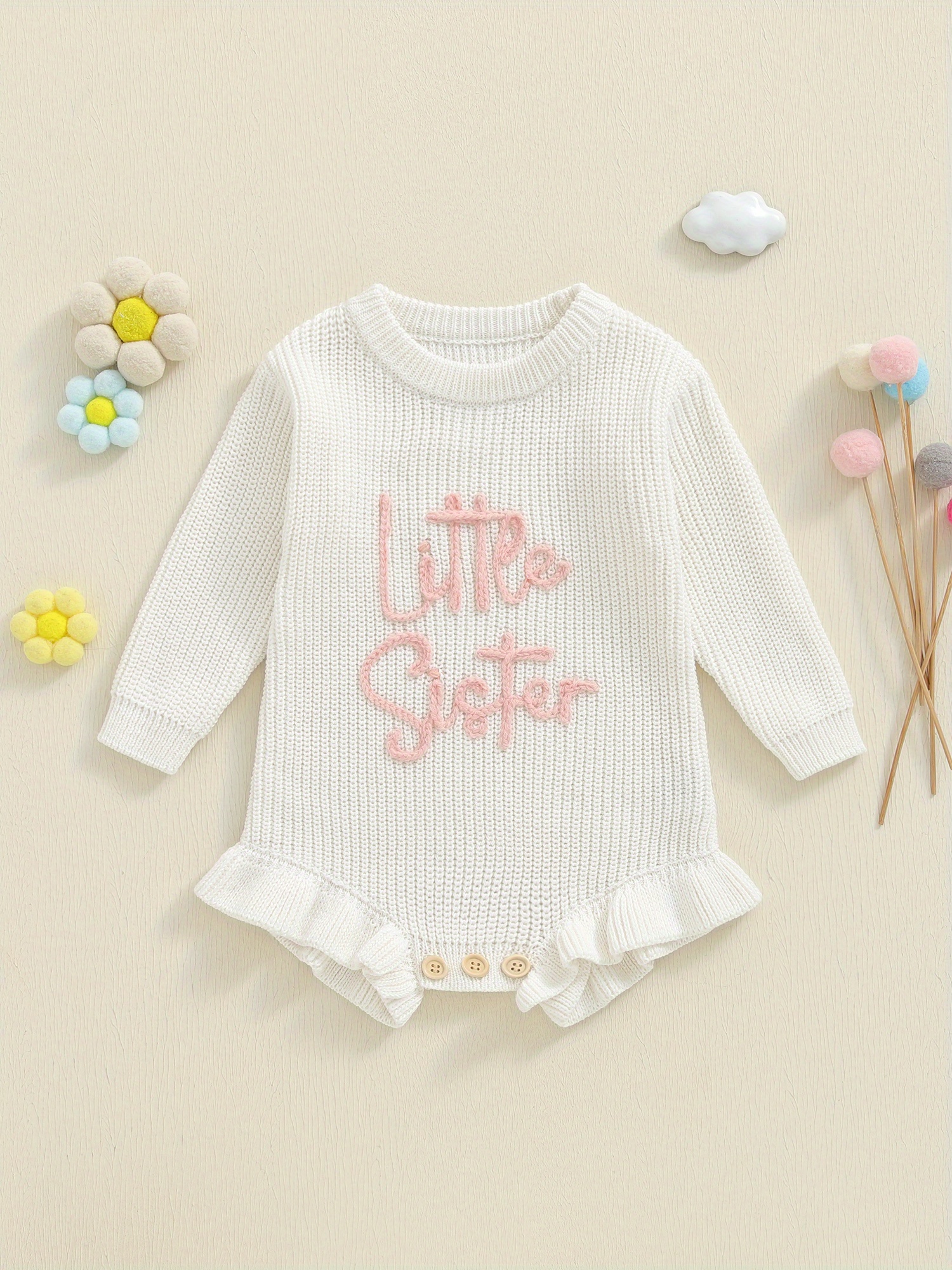 baby girls   knit romper jumpsuit - cute little sister letter embellished long sleeve round neck   trim winter outfit, cozy fall & winter clothing for &, pumpkin print, crew neck embroidery autumn set of 2 outfit, for outdoor, baby girl clothe, newborn girl clothe 0