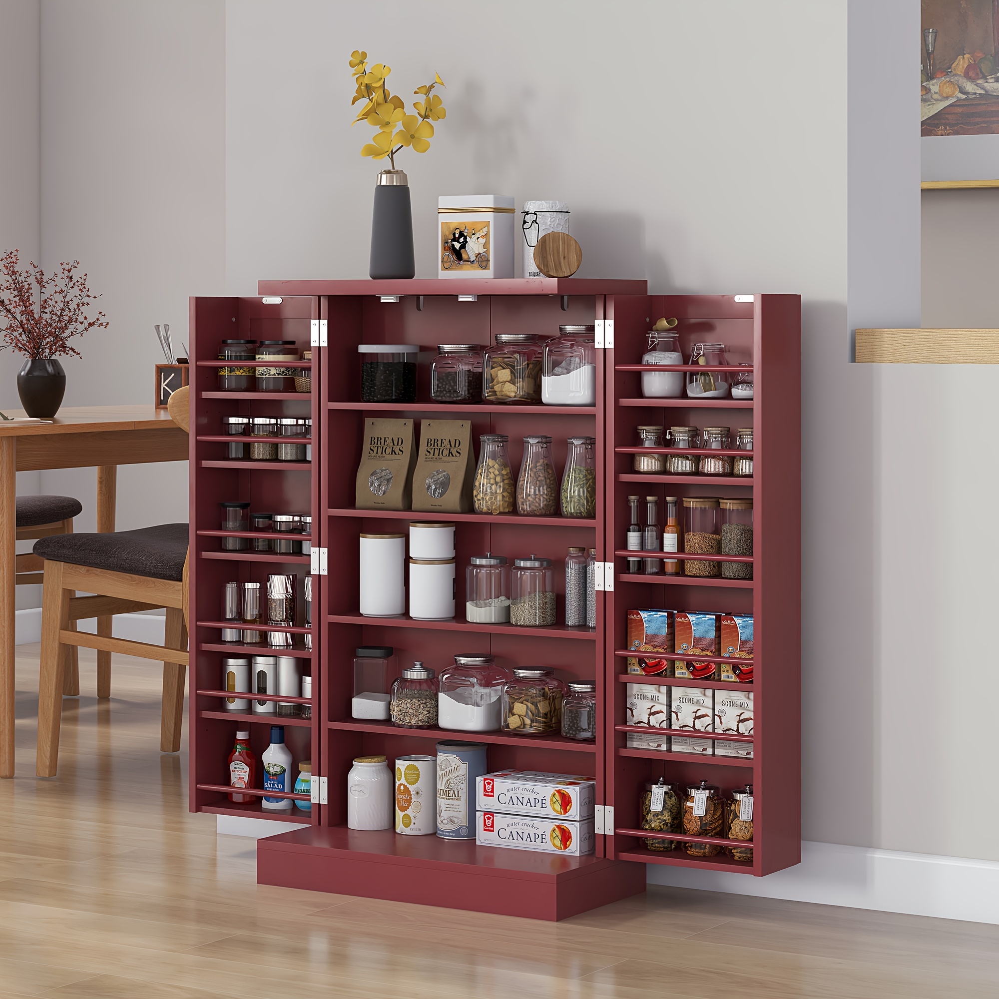 

Homcom 41" Kitchen Pantry Storage Cabinet, Freestanding Kitchen Cabinet With 12 Door Shelves, Double Doors, 5-tier Shelving And Adjustable Shelves, Painted Red