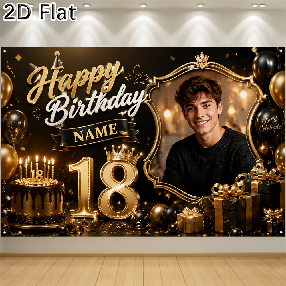 TEMU 2d Flat, 1pc 2d Flat Printing Banner 18th Birthday Party Banner Background Supports Customizing Your Photo And Name With Golden Birthday Themed