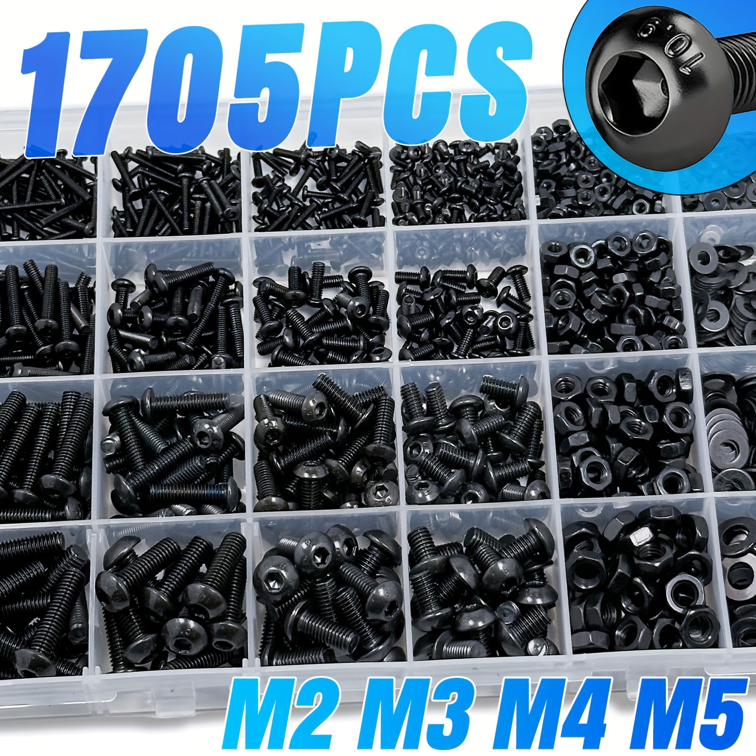Image of A Set Of 1705pcs Of Hexagonal Button Head Machine Screws, Including Metric Bolts And Nuts In Sizes M2, M3, M4, And M5, Featuring Locks And Flat Washers, Made Of Grade 10.9 , Packaged In A Box