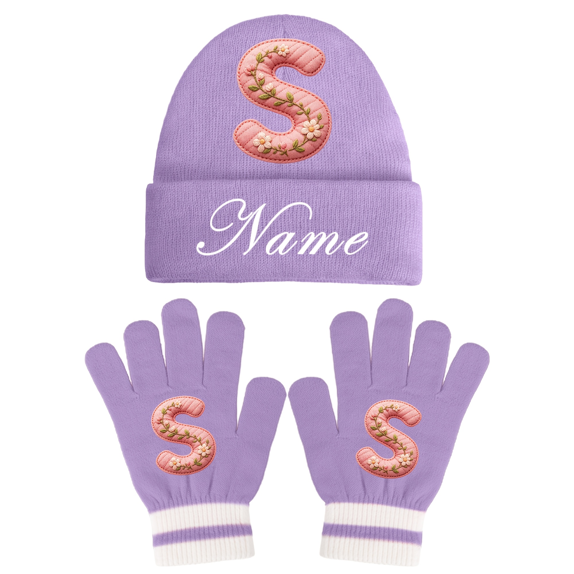 TEMU [custom Name] 2pcs Winter Hat And Glove Set, A-z Alphabet With Personalized Initial, Adjustable Brim, Outdoor Warm Hat And Gloves, Suitable For