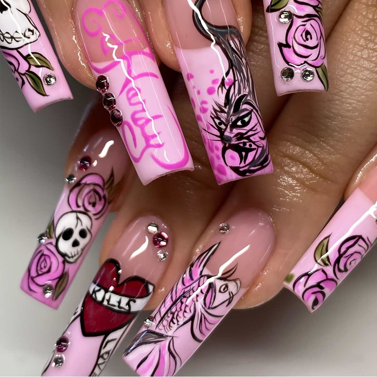 Halloween-Nägel Zum Aufkleben – 24 Stück, Glitzernd Rosa, 3D-Effekt, Langlebig, Für Frauen & Mädchen