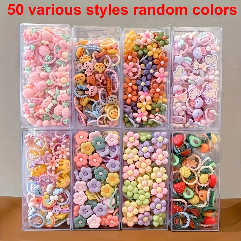 TEMU 50pcs Random Colors Of Vintage Bohemian Style Headbands - Cute Cartoon Finger Elastic Rubber Bands - Durable Sportswear Material, Solid Colors,