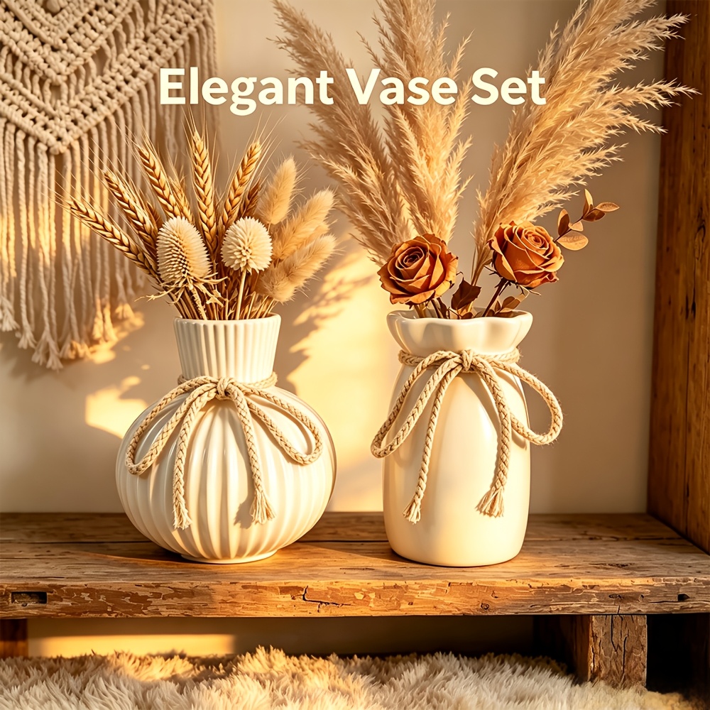 TEMU 2pcs White High-gloss Ribbed Plastic Vase Set, Fluted Sphere And Rim Jar With Jute Bow Combo, French Country Style Home Decor Accent, Elegant