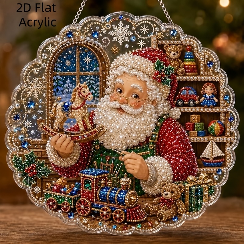 TEMU 2d Flat, 2d Flat Santa Diamond Painting Light Board Set, Handmade Craft| Pre-assembled Metal Chain, Acrylic Round Board With Lace Edge, 3d Mixed