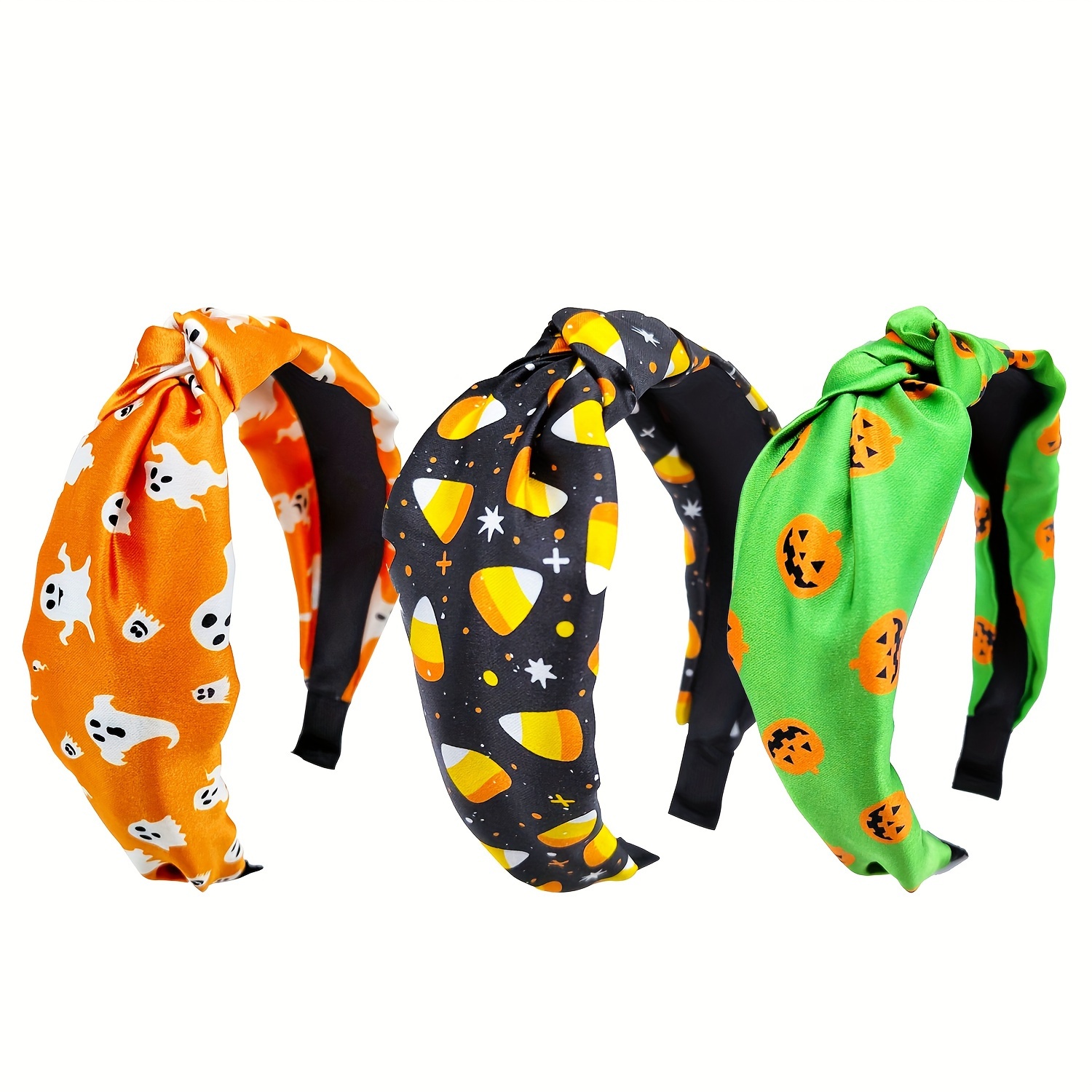 TEMU Zhenzhuacc 1/3pcs Halloween Knotted Headbands For Women, Pumpkin Candy Corn Print Wide Satin Hair Bands, Non Slip Comfortable Hair Accessories