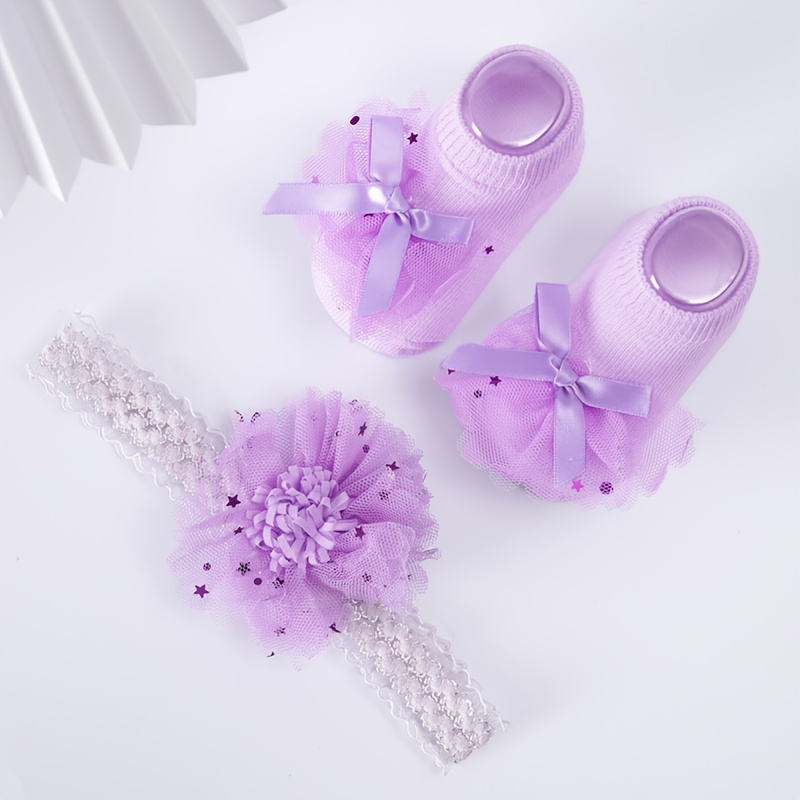 E-shop 1 Paar Babysocken 1 Stirnband, Modische Spitzen-Schleifenkurzsocken, Bequeme Atmungsaktive Weiche Kindersocken, Elastisches Stirnband, Geeignet