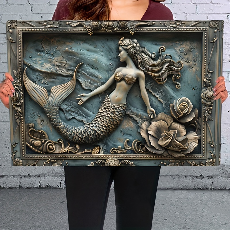 

1pc 2d Wooden Framed Canvas Painting Mermaid Wall Art Prints For Home Decoration, Living Room & Bedroom, Festival Party Decor, Gifts, Ready To Hang