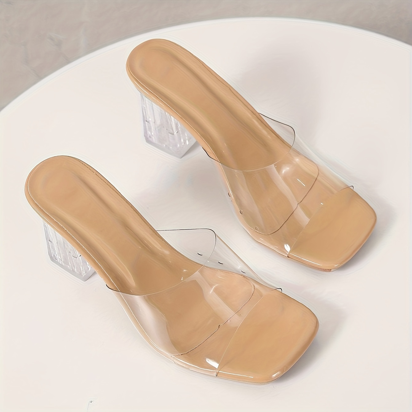 

Chic Summer Women's Sandals - Sexy Transparent Crystal Heel, Comfortable Square Toe Slip-on Mules With Chunky Heel