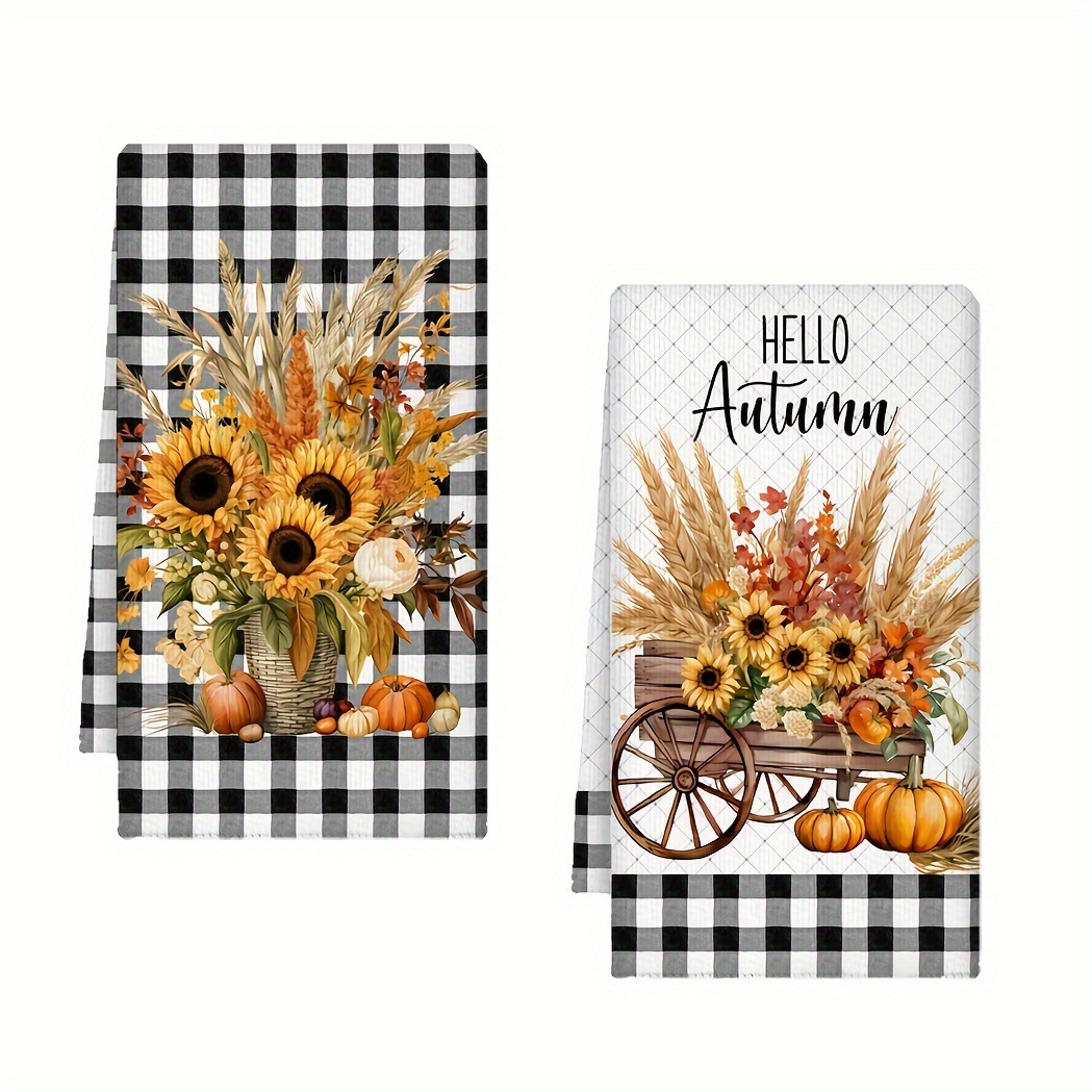 

2pcs Autumn Kitchen Towel Set - Pumpkin & Sunflower Design, Microfiber, Absorbent, Thanksgiving Decor, 27.5x17.7in