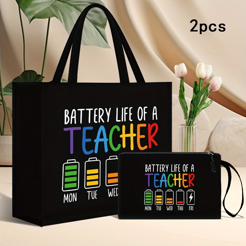 

Fashion Tote Bag For Teachers With Cosmetic Bag, Fabric Shoulder Bag With " Of A Teacher" Print, Large Capacity, No Closure, With Lining - Teacher Appreciation Gift Set (2 Pcs)