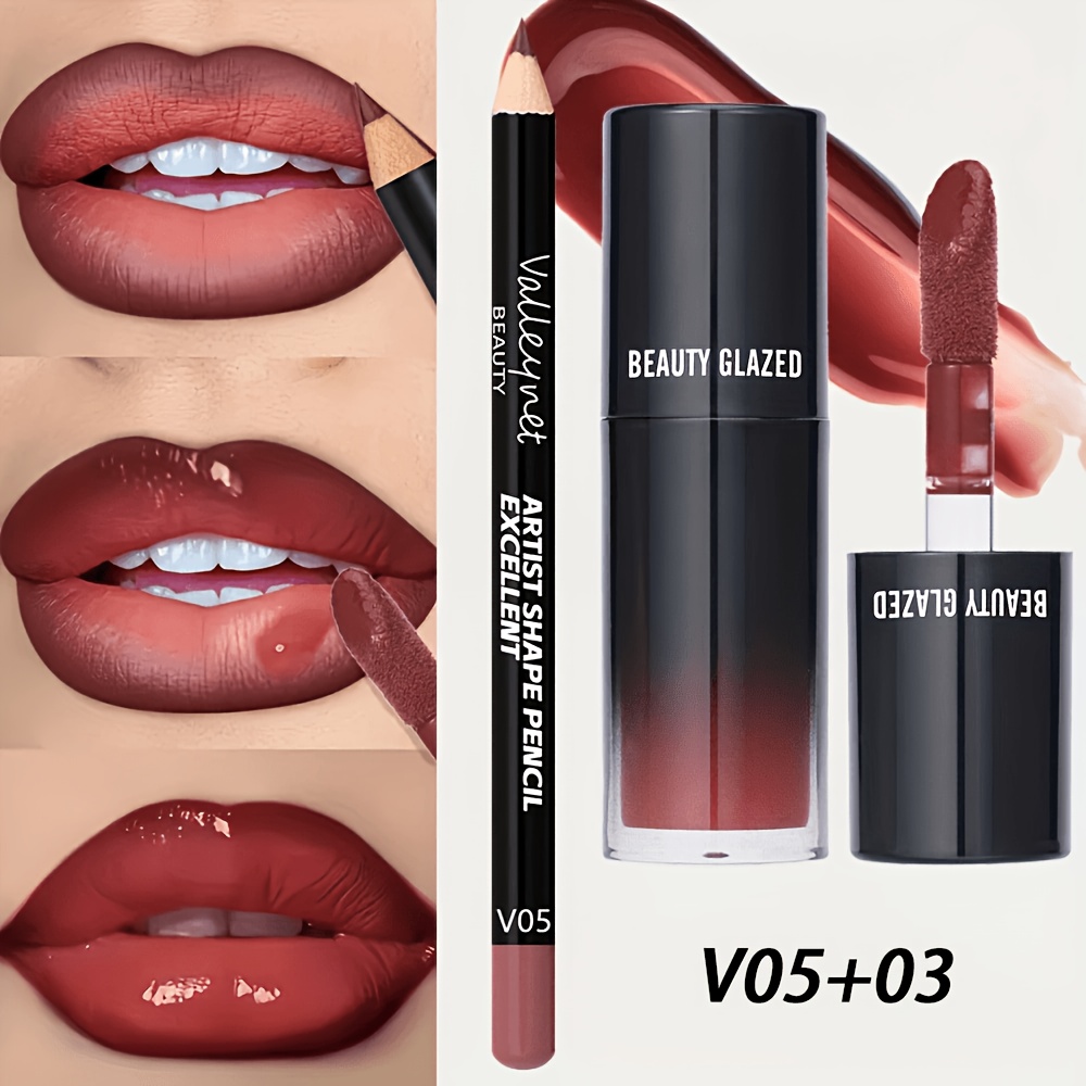 Image of 2pcs/set Velvet Texture Lip Makeup Set-lip Liner-lip Glaze-waterproof Long-lasting Matte Effect, Red, Brown Colors, Create A Moisturizing And Natural Lip Makeup