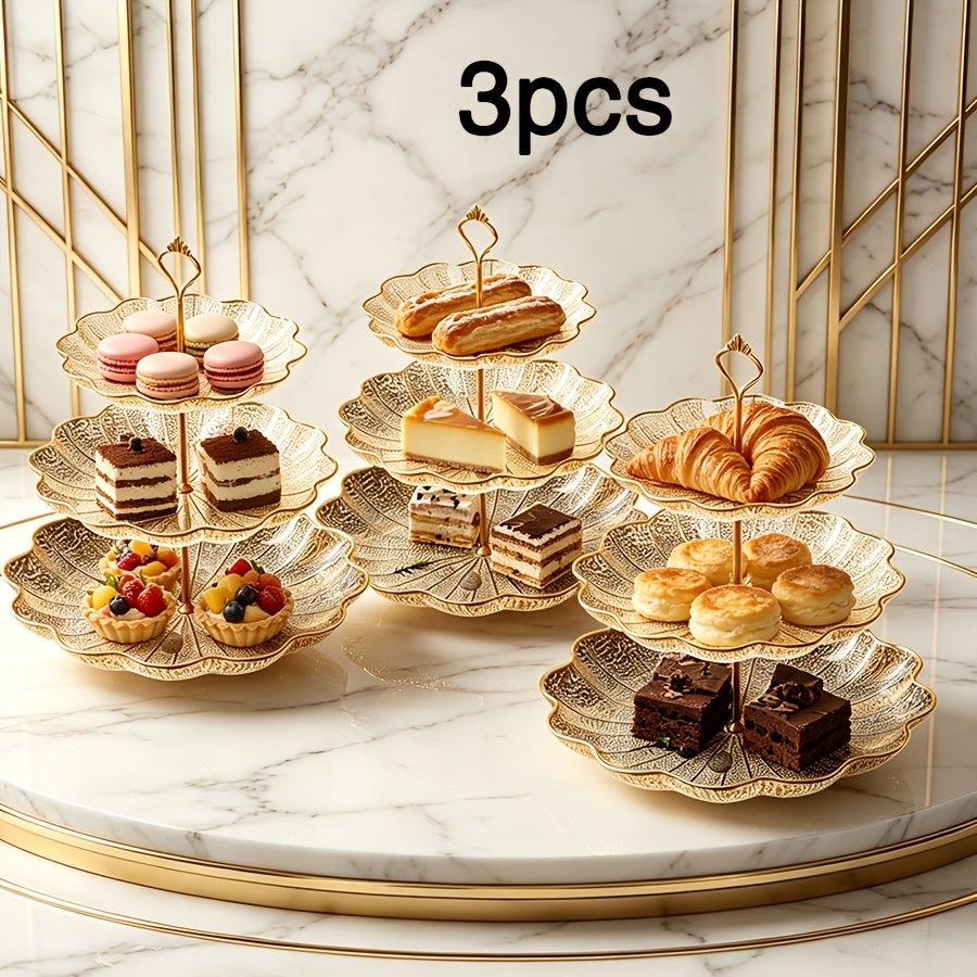 Image of 3pcs Three-tier Transparent Dessert Stand With , Pet -shaped Storage Tray Display Rack, Reusable Multi-tier Cupcake Stand With Luxury Golden Handles, Snack Storage Rack, Exquisite Pastry Display Stand