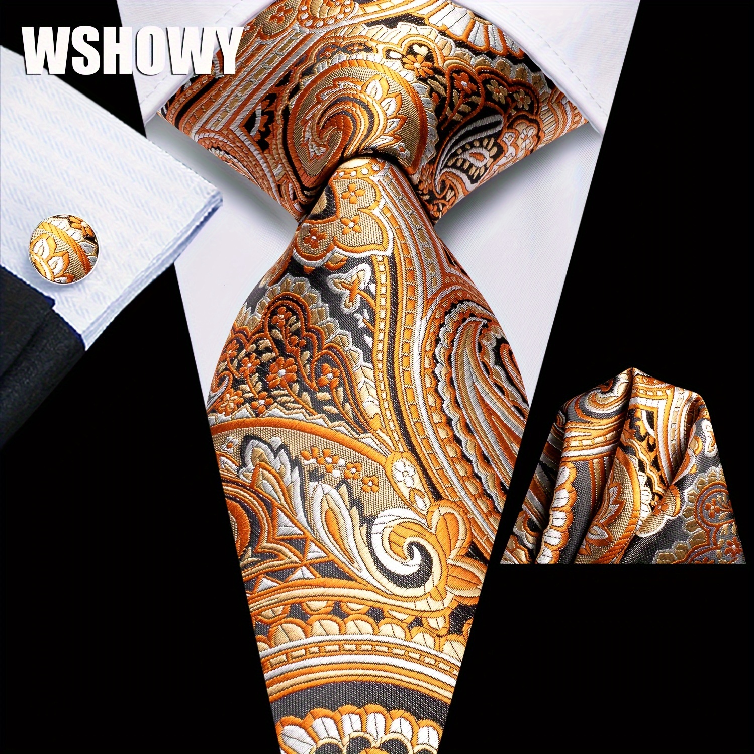 

Paisley And Cufflinks Pocket Square Tie Set For Men, Wedding Gift, Set Prom Event