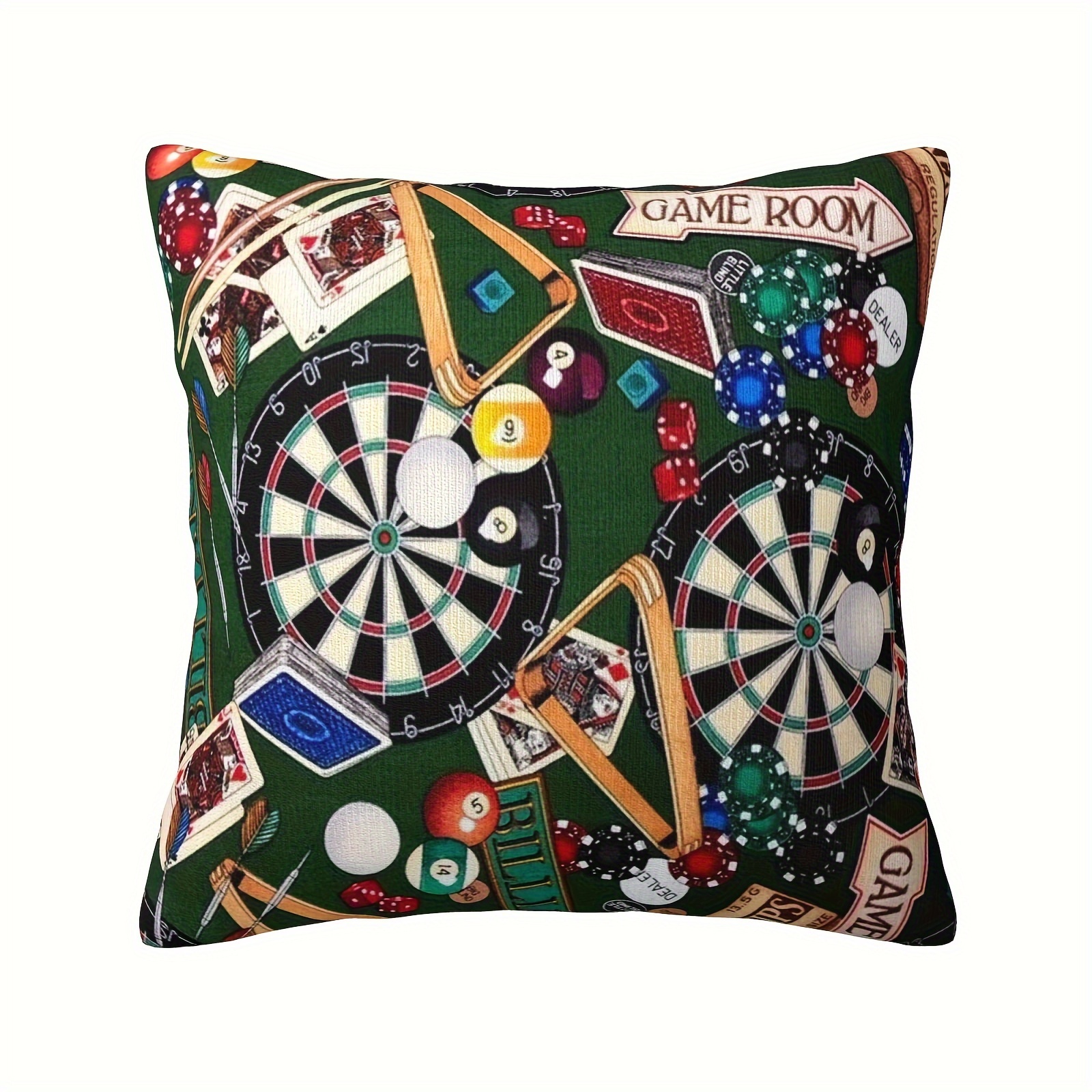 

1pc, Short Plush Decor Pillow Case, Game Room Billiards Darts Cards Pillow, Single-sided Printing, 18inch*18inch, Suitable For Sofa, Living Room, Bedroom, Office Home Decoration, No Pillow Core