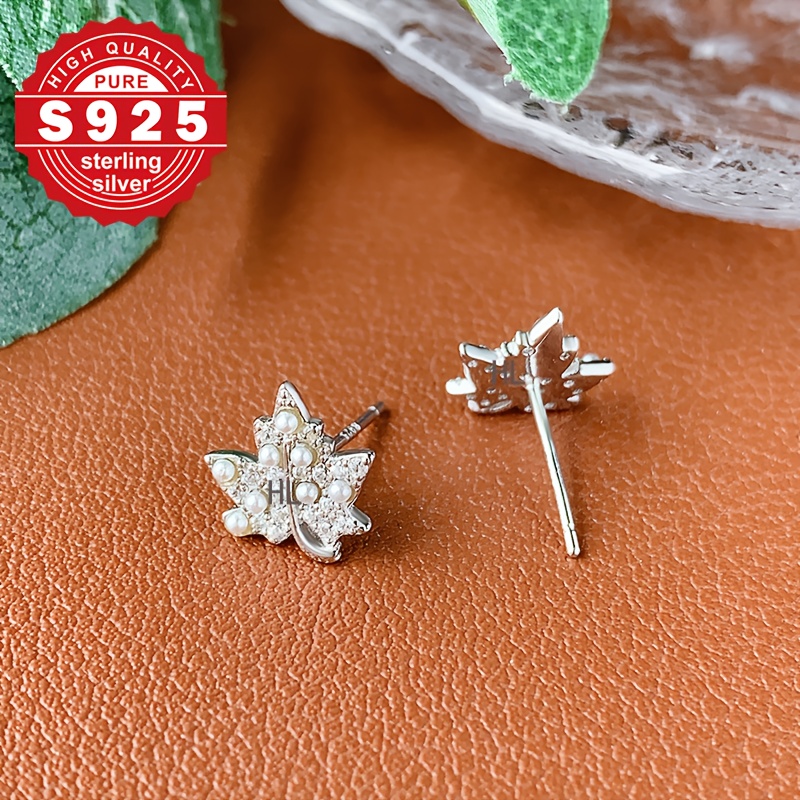 Women's S925 Sterling Silver Maple Leaf Earrings with Synthetic Pearls