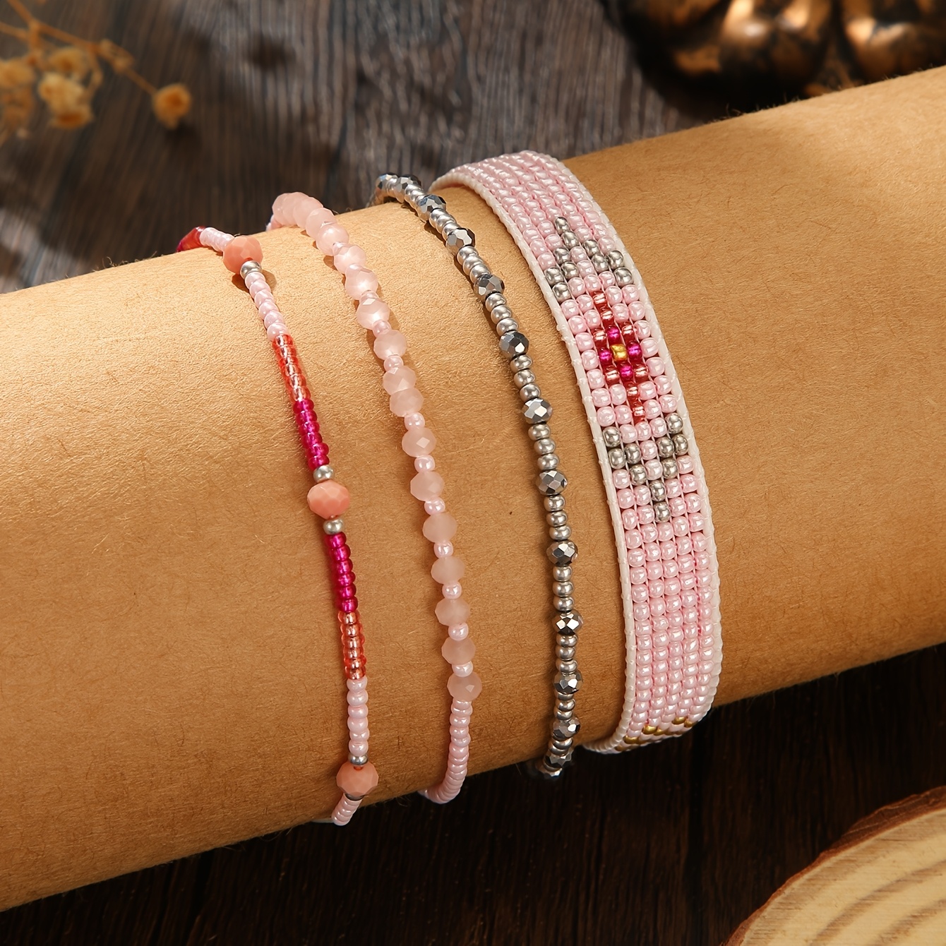 4pc Boho Vintage Stackable Beaded Bracelet Set