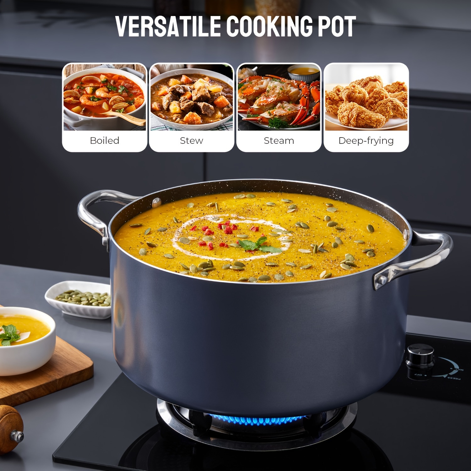 

10 Qt Stock Pot With Lid, Large Non Stick Cooking Pot, Induction Pot For Soup, Broth, Chili, Stew, All Stove Compatible, Grey