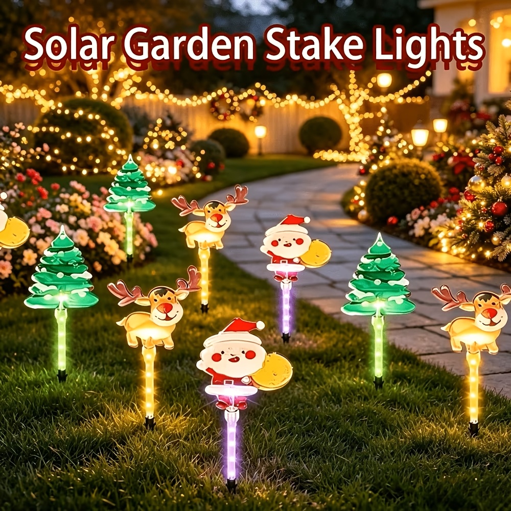 TEMU Luci da percorso natalizie a energia solare, set da 6 pezzi con luci da a picchetto di , renna e albero di Natale, decorazioni natalizie da
