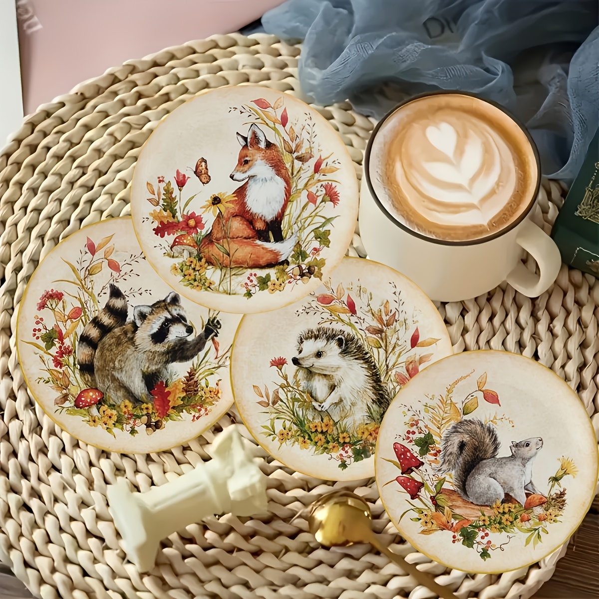 TEMU 4pcs Set Of Cute Animal-themed Wooden Coasters - Fox, Raccoon, Hedgehog, Squirrel - Heat-resistant, Non-slip - Suitable For Coffee, Tea, And