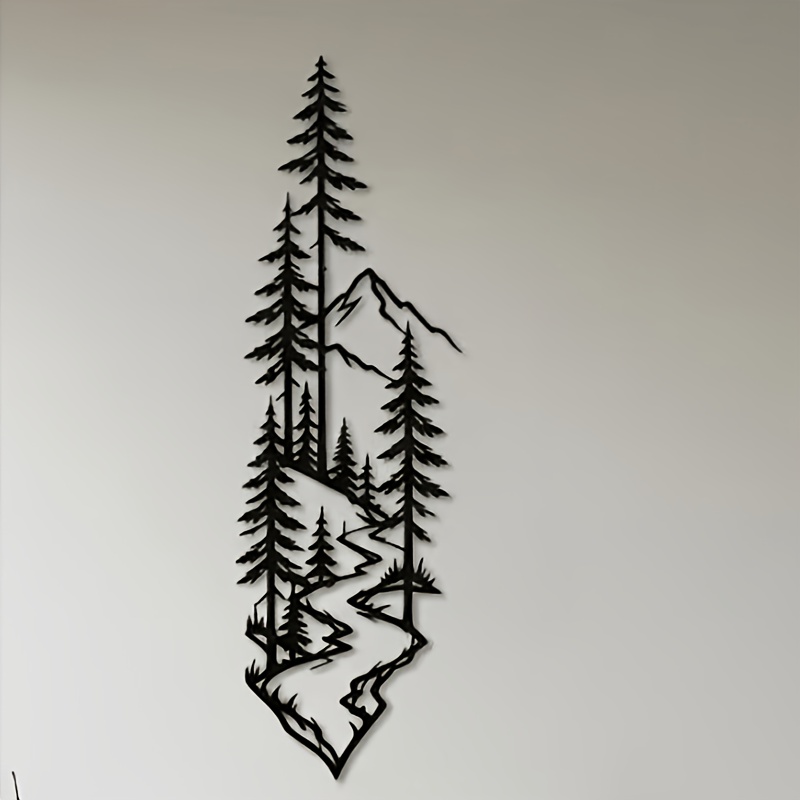 TEMU 1pc Art Mural en Métal Forêt de Pins, Décoration Murale Montagneuse, Panneau Rustique en Métal Naturel, Décoration d'Art en Fer Suspendu Arbre