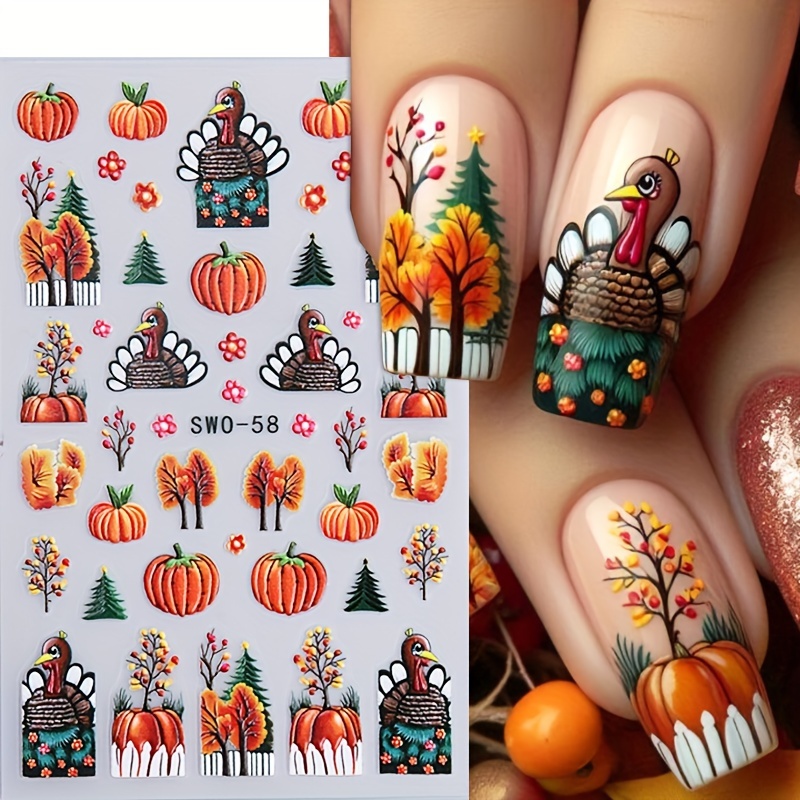 

2pcs 3d Embossed Nail Art Stickers - Thanksgiving Turkey, Pumpkin & Christmas | Self-adhesive Diy Nail Decals For Women And Girls