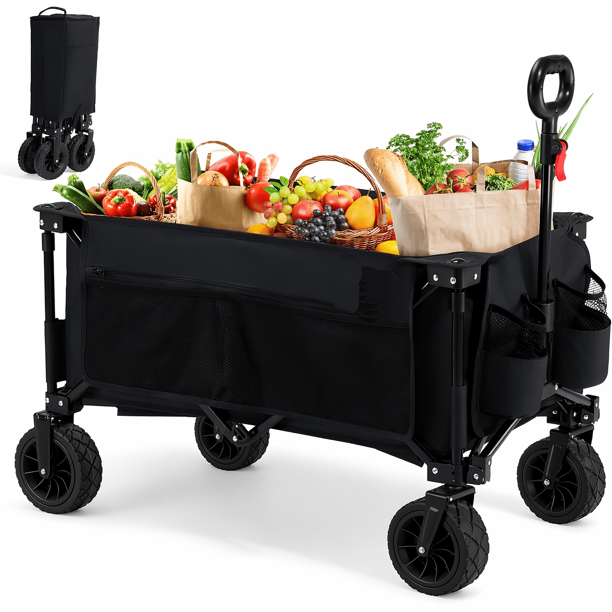 Folding Wagon With Wheels, Foldable Wagon With Adjustable Handle & Side Pockets, Beach Wagon With 360° Rotating Wheels And Brake, 80kg Load Capacity, Lightweight, Space- And Sturdy, Black