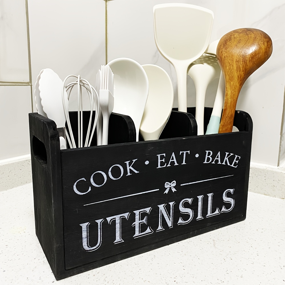 

Kitchen Utensil Rack With 3 Compartments, Rustic Wooden Storage Box, Vintage Tableware, Farmhouse Dish Cabinet, Silverware Forks, Spoons, And Spatula Countertop.