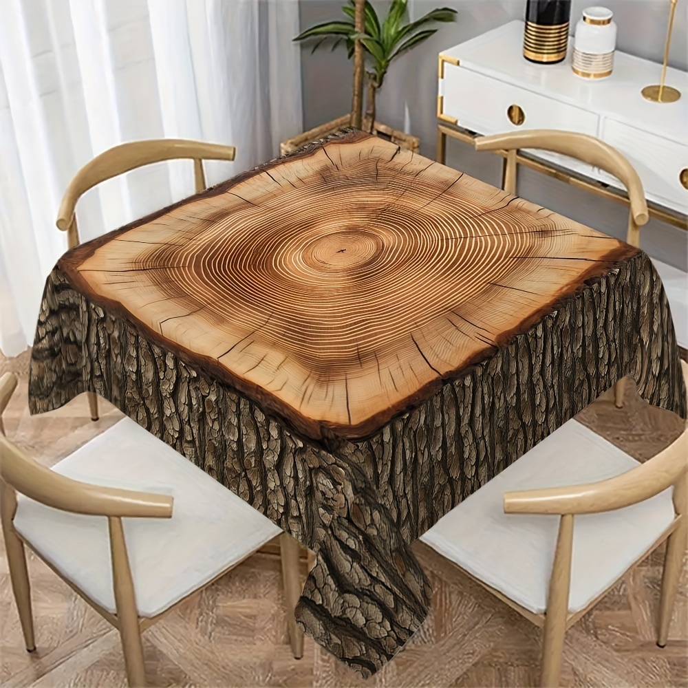 TEMU 1pc 2d Wooden Stump Pattern Decorative Polyester Tablecloth, For Wedding Decor, Summer Decor, Outdoor Garden Decor, Courtyard Decor, Style,