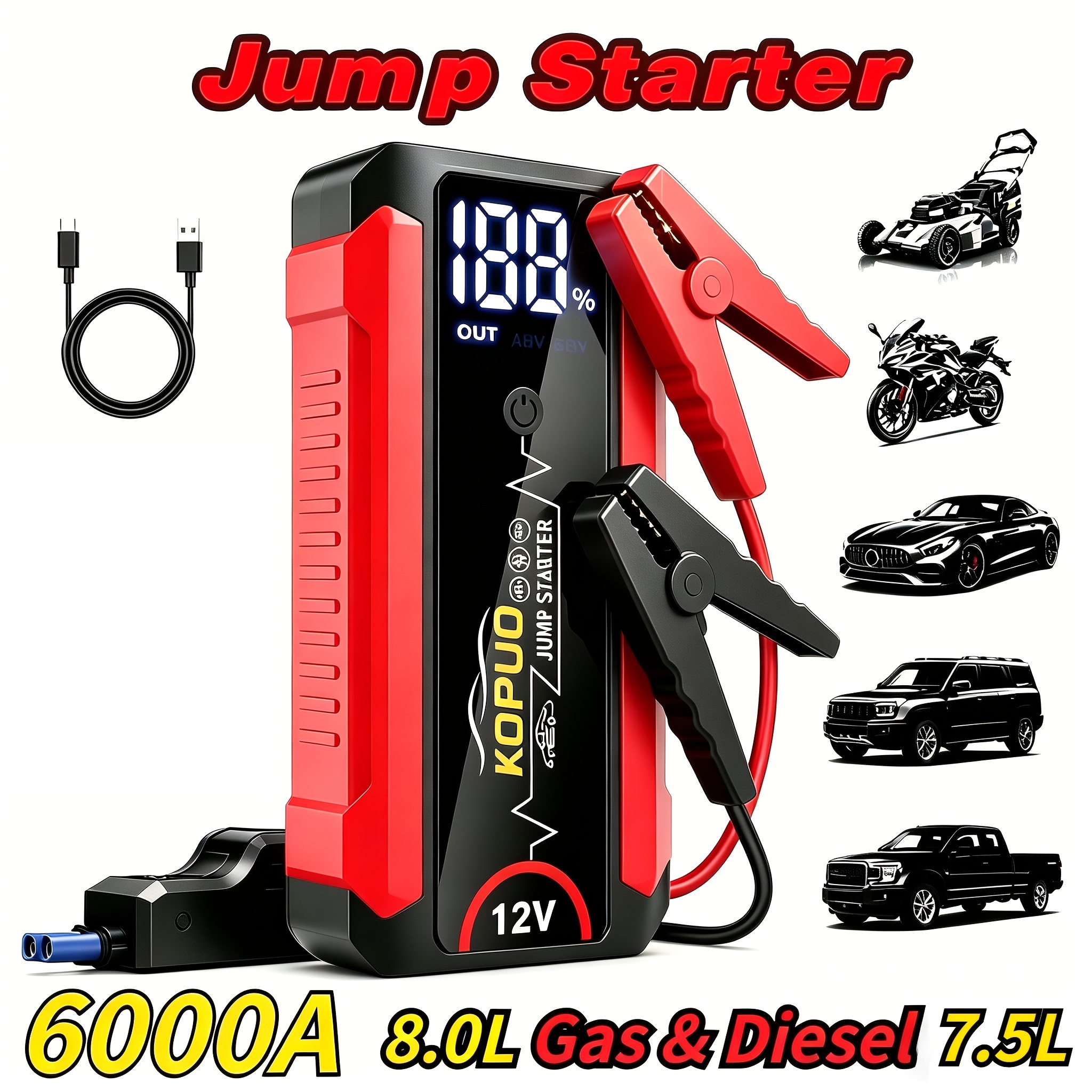 E-shop KOPUO 6000A Peak 12V Auto-Starthilfe mit LCD-Display & Schnellladung, tragbare Batterie-Booster für 8,0L Benzin-/7,5L Dieselmotoren,