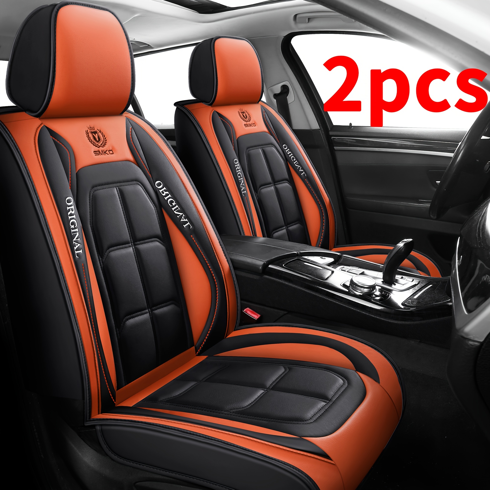 TEMU [orange Car Seat Covers] 2pcs Pu Leather Car Seat Covers, Universal Fit For Most Cars & Suvs, Full Wrap Front Seat Protectors With Stitching,
