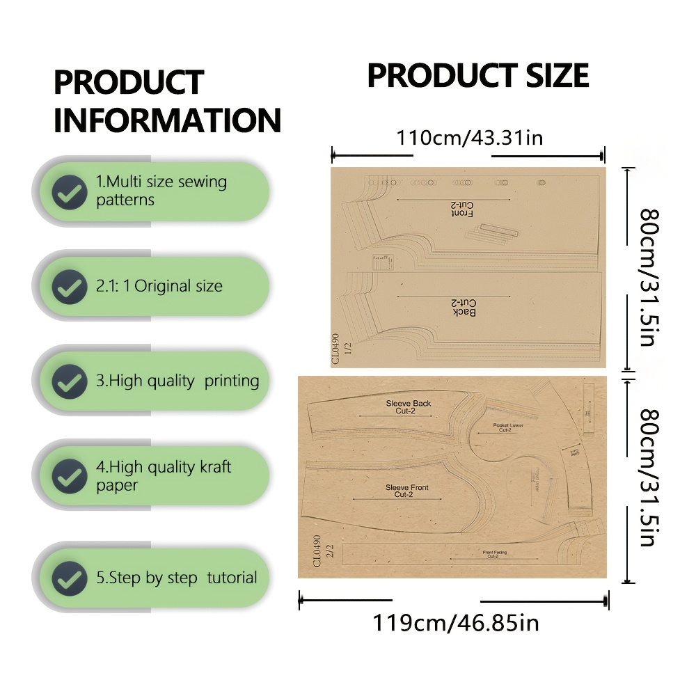 TEMU Patron de couture pour manteau mi-long en laine pour hommes, multi-tailles, échelle 1:1, guide par , facile pour les débutants, papier de haute