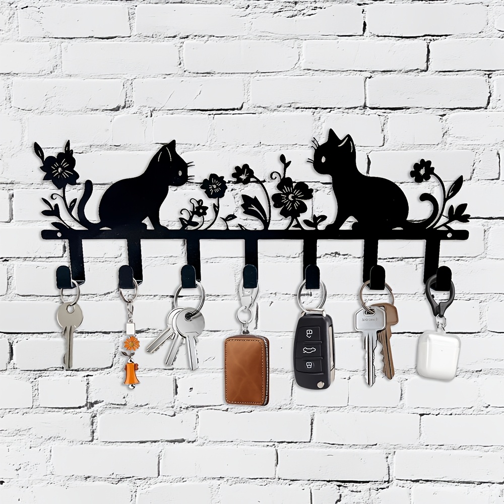 

1pc Cute Cat & Flowers Key Holder, Metal Wall Mounted Hook, Fashionable , , Decorative Key Rack For Living Room, Bathroom, Coat Hanger Storage Solution